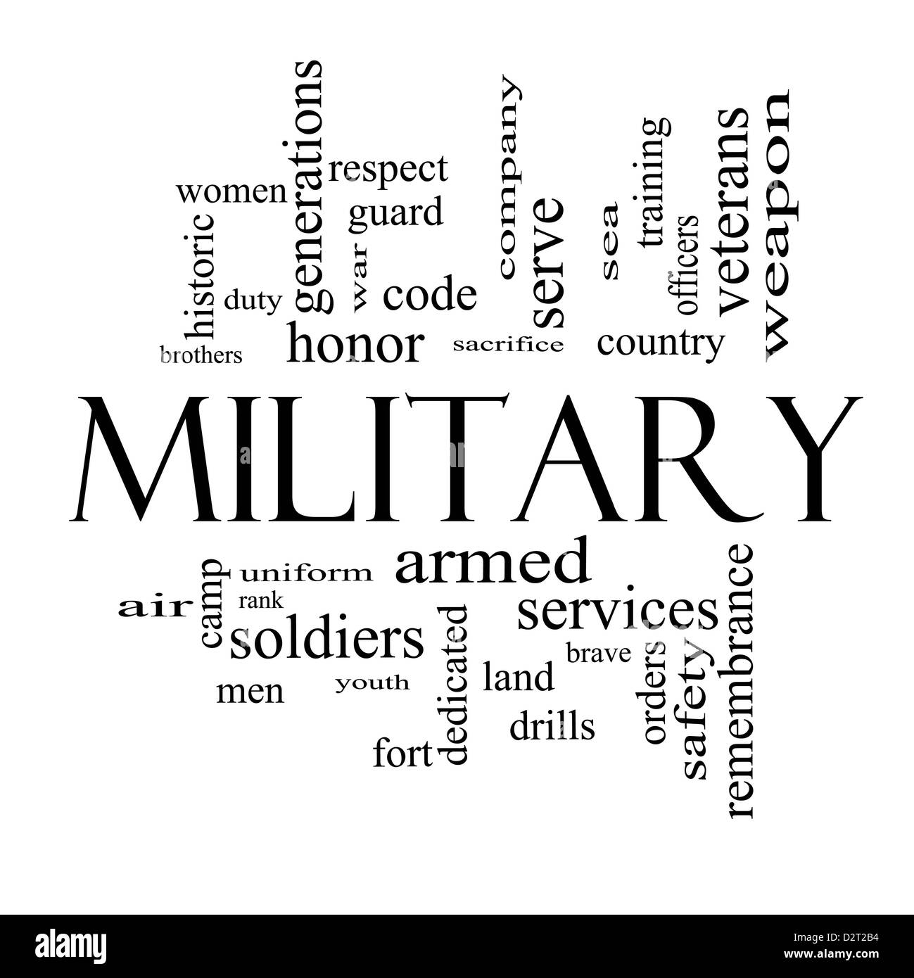 Mot militaire Concept Cloud en noir et blanc avec beaucoup de termes tels que l'honneur, le sacrifice, le pays, et plus courageux. Banque D'Images
