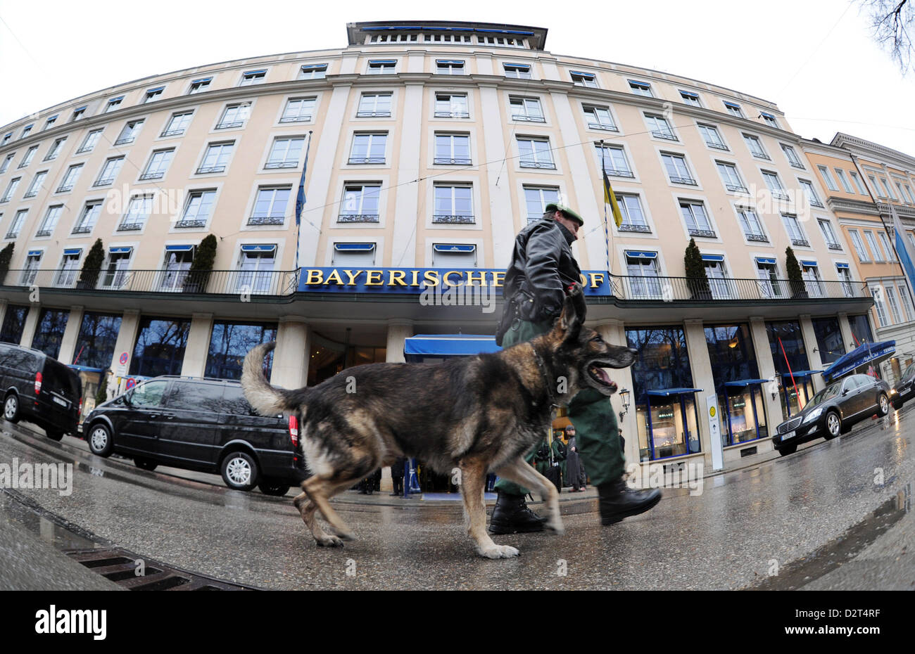 Munich, Allemagne. 1er février 2013. Chien de police Chef Christoph Hawlik et son chien Dasko scène une recherche au cours de la première journée de la 49e Conférence de Munich sur la sécurité à Munich, Allemagne, 01 février 2013. Du 01 au 03 février 2013, 400 participants de 90 pays participent à la conférence. Photo : Tobias HASE/dpa/Alamy Live News Banque D'Images