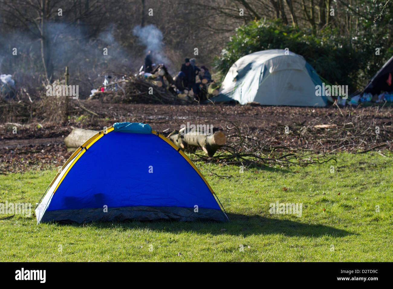 Des hugues d'arbres et des écologistes à Alexandra Park, dans le Grand Manchester, où de nombreux militants ont manifesté.Les manifestants ont installé des tentes de camp dans la zone sécurisée et construit un feu de camp.Des arbres sont coupés dans le parc Alexandra, dans la chaîne Whalley, dans le cadre d'une initiative de £5,5 millions du conseil municipal pour restaurer l'apparence victorienne du parc. Banque D'Images