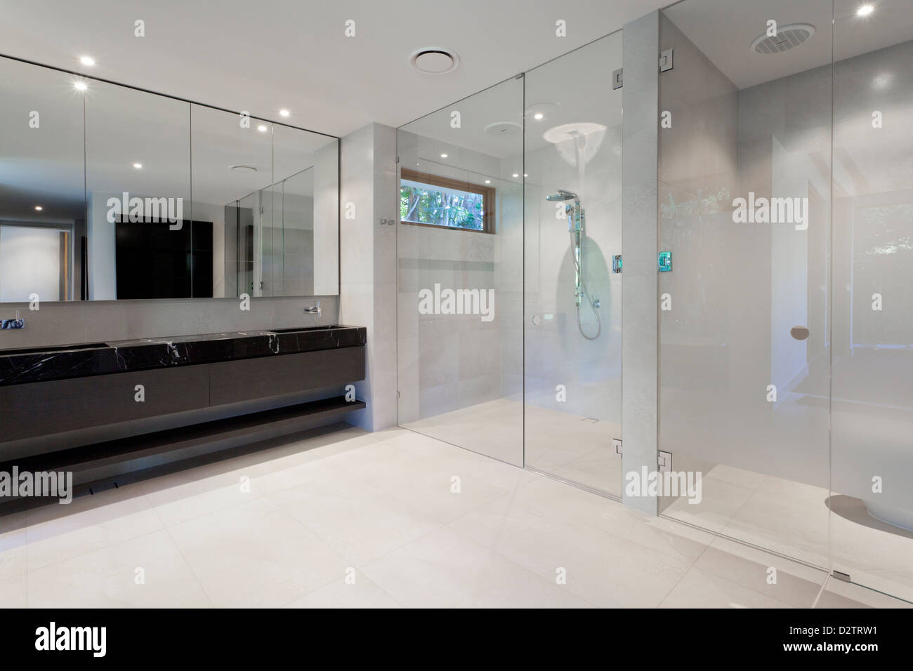 Salle de bains de luxe avec miroir, lavabo, douche et toilettes Banque D'Images