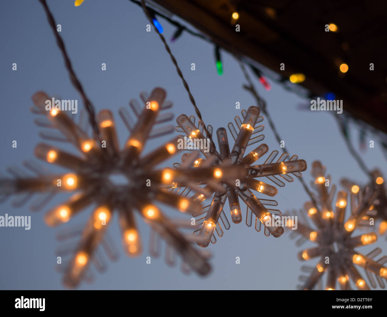Hiver flocon de neige au crépuscule des lumières de Noël Banque D'Images
