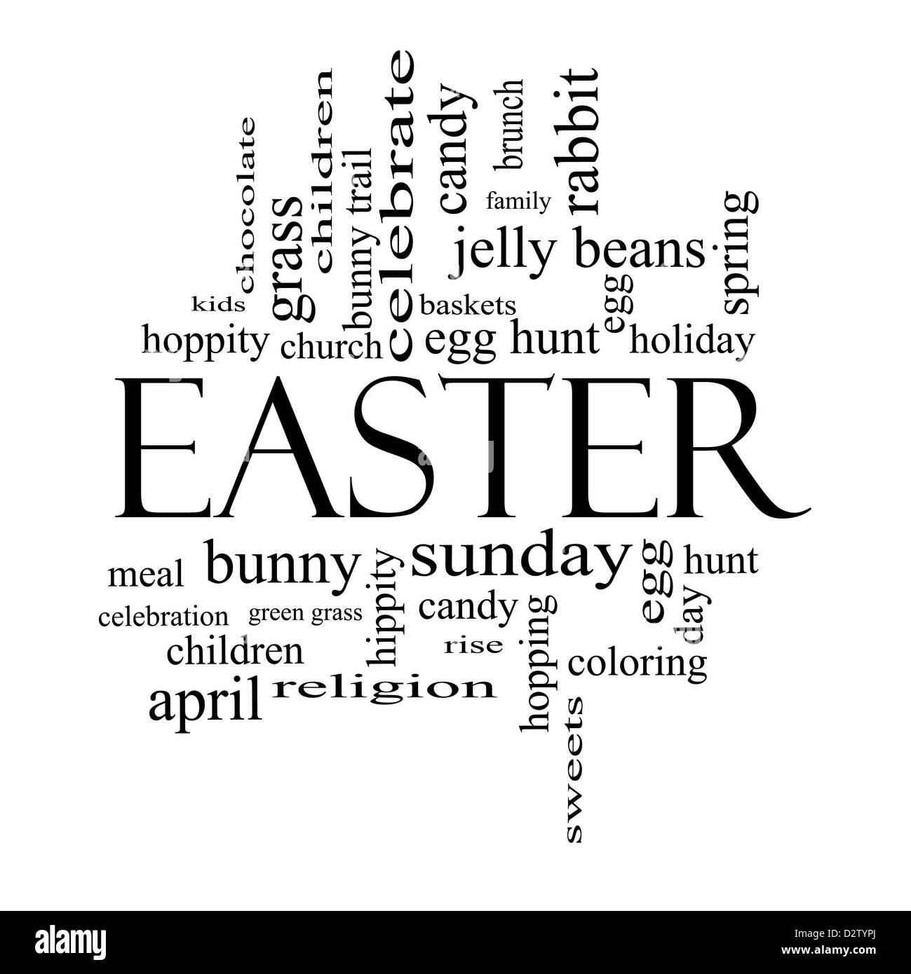 Mot Pâques Concept Cloud en noir et blanc avec beaucoup de termes comme jelly beans, bunny, oeuf, dimanche et plus encore. Banque D'Images