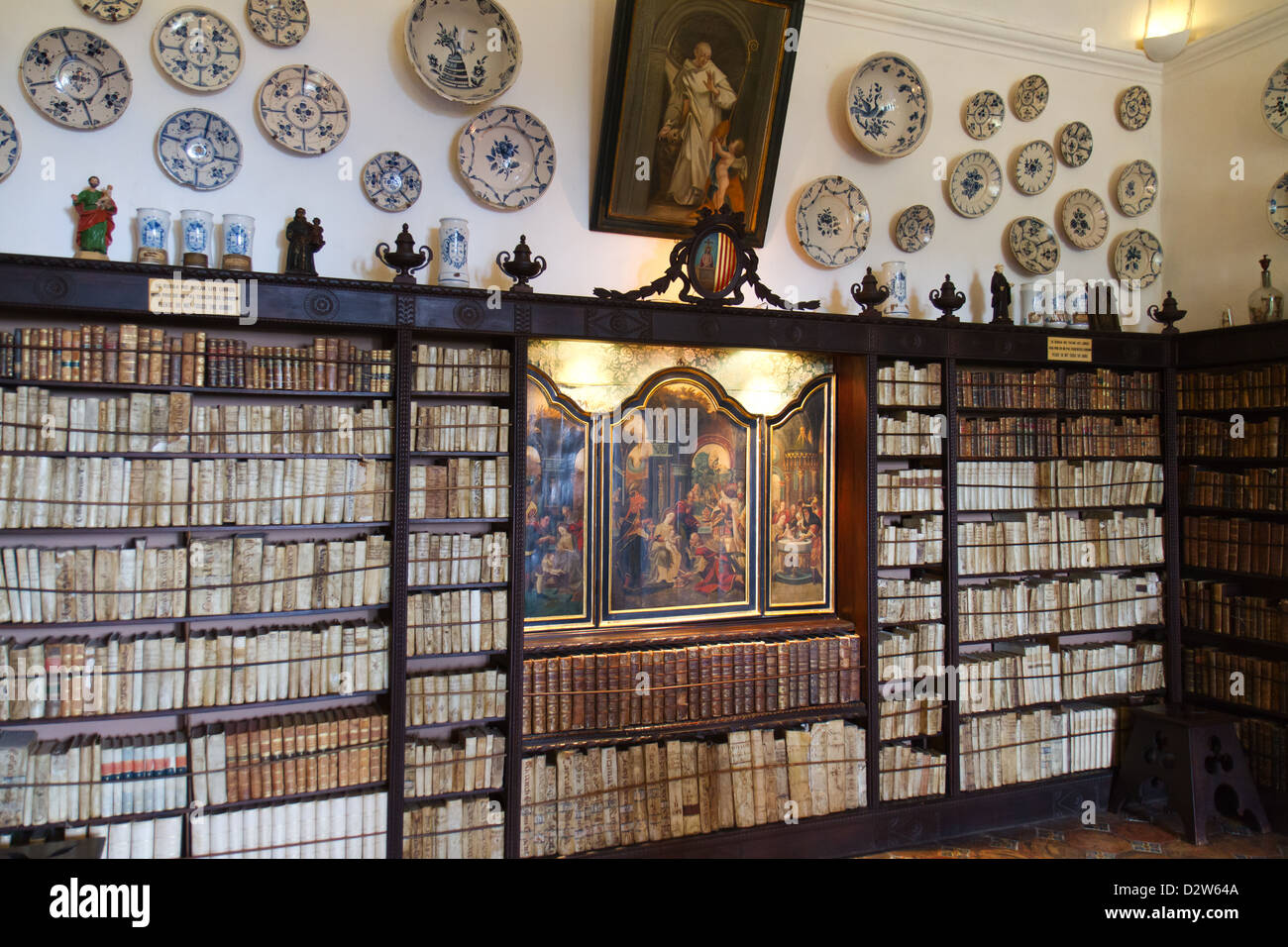 Bibliothèque dans la Chartreuse royale (Real Cartuja), Valldemossa, Majorque, Espagne. Banque D'Images