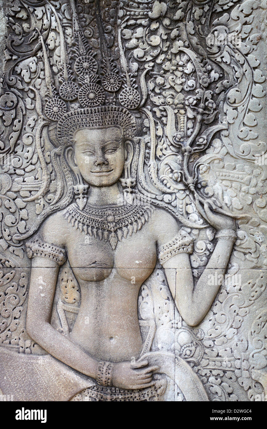 Détail de la sculpture murale - Apsara, Temple d'Angkor Wat, au Cambodge, en Asie (UNESCO) Banque D'Images