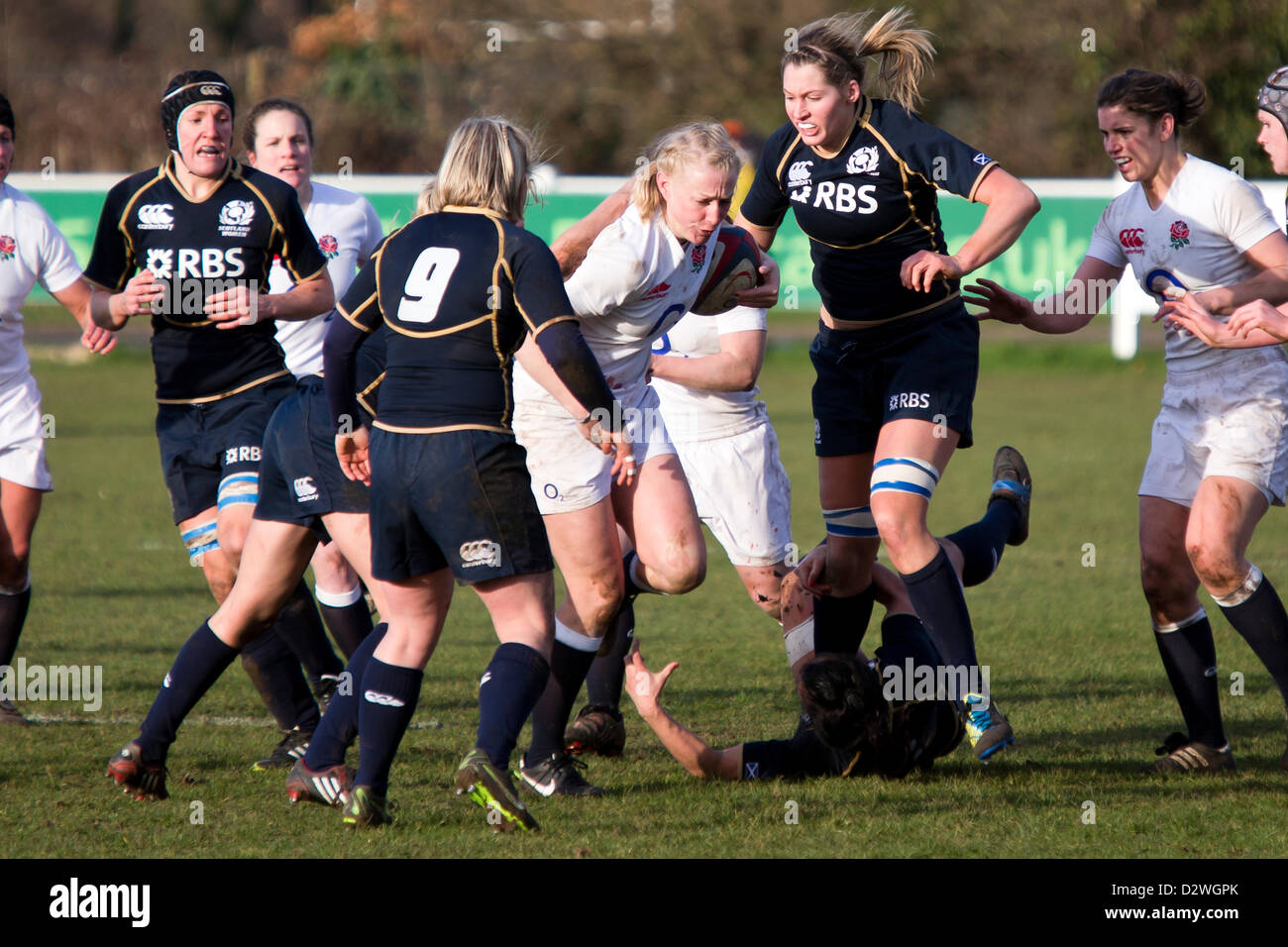 2.2.2013, ESHER, Angleterre v Ecosse Women's Rugby Six Nations. Banque D'Images