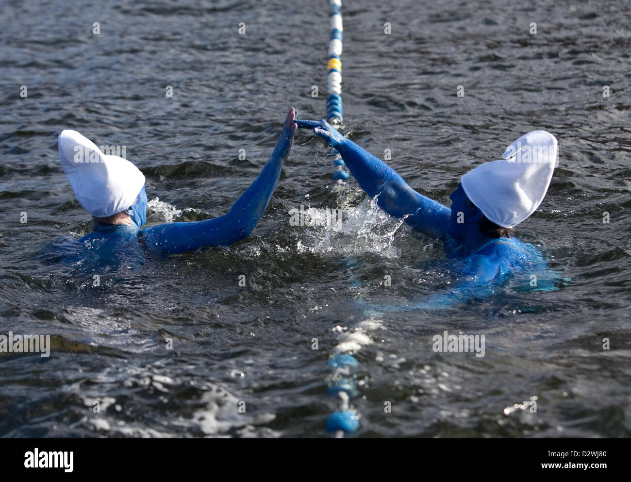 Windemere Lake, Cumbria, Royaume-Uni. 2 février 2013. Chillswim événement dans le lac Windermere, Lake District. Les gens se disputent des courses de natation dans l'eau froide. Schtroumpfs ; Kath Elkington (L) et Rebecca Jarre (R). Banque D'Images