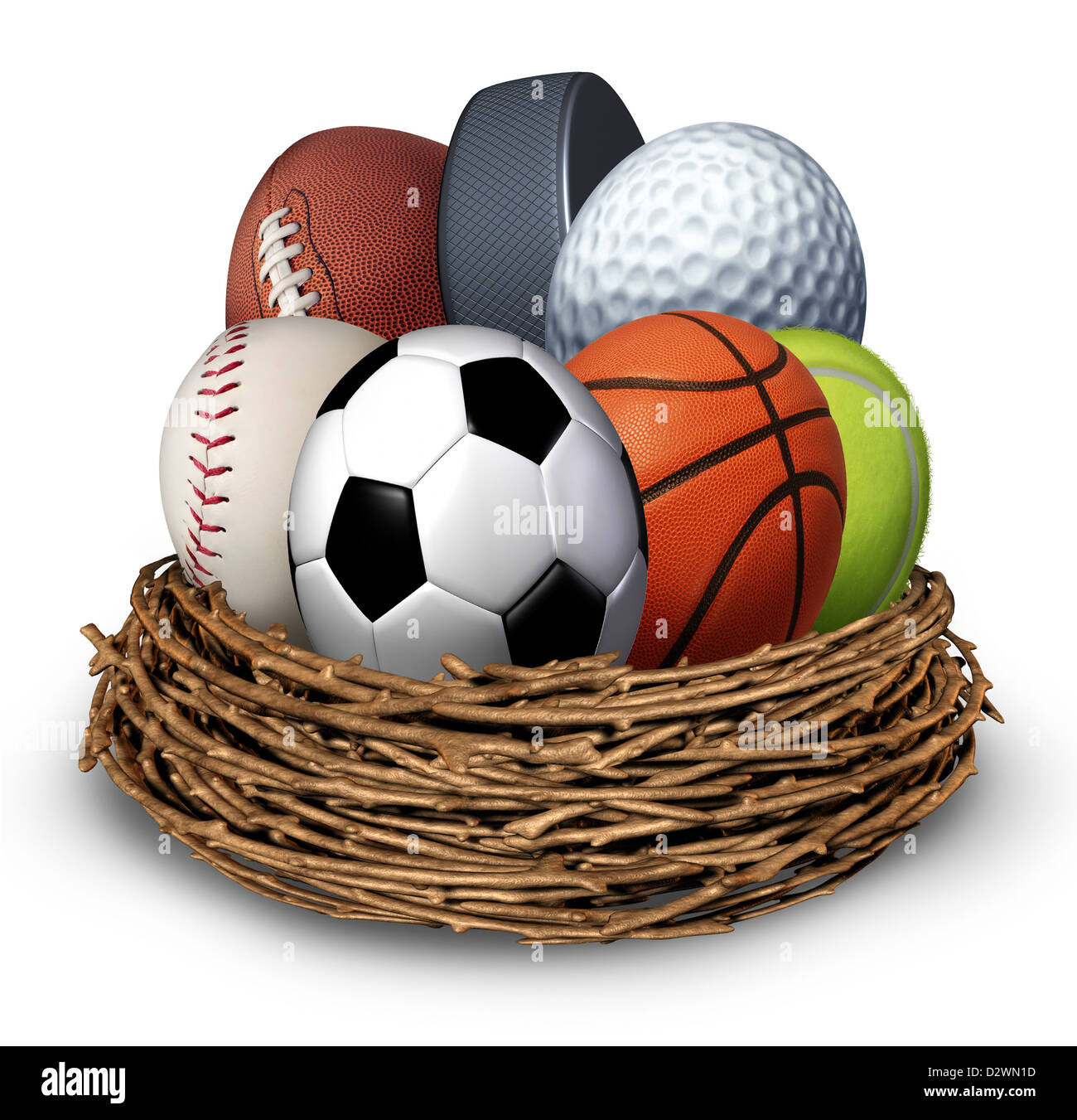 Nid de sport concept avec une rondelle de hockey baseball football basketball soccer tennis balle de golf en forme d'œuf comme un symbole de la santé et de remise en forme par l'activité physique de la famille et de la jeunesse. Banque D'Images