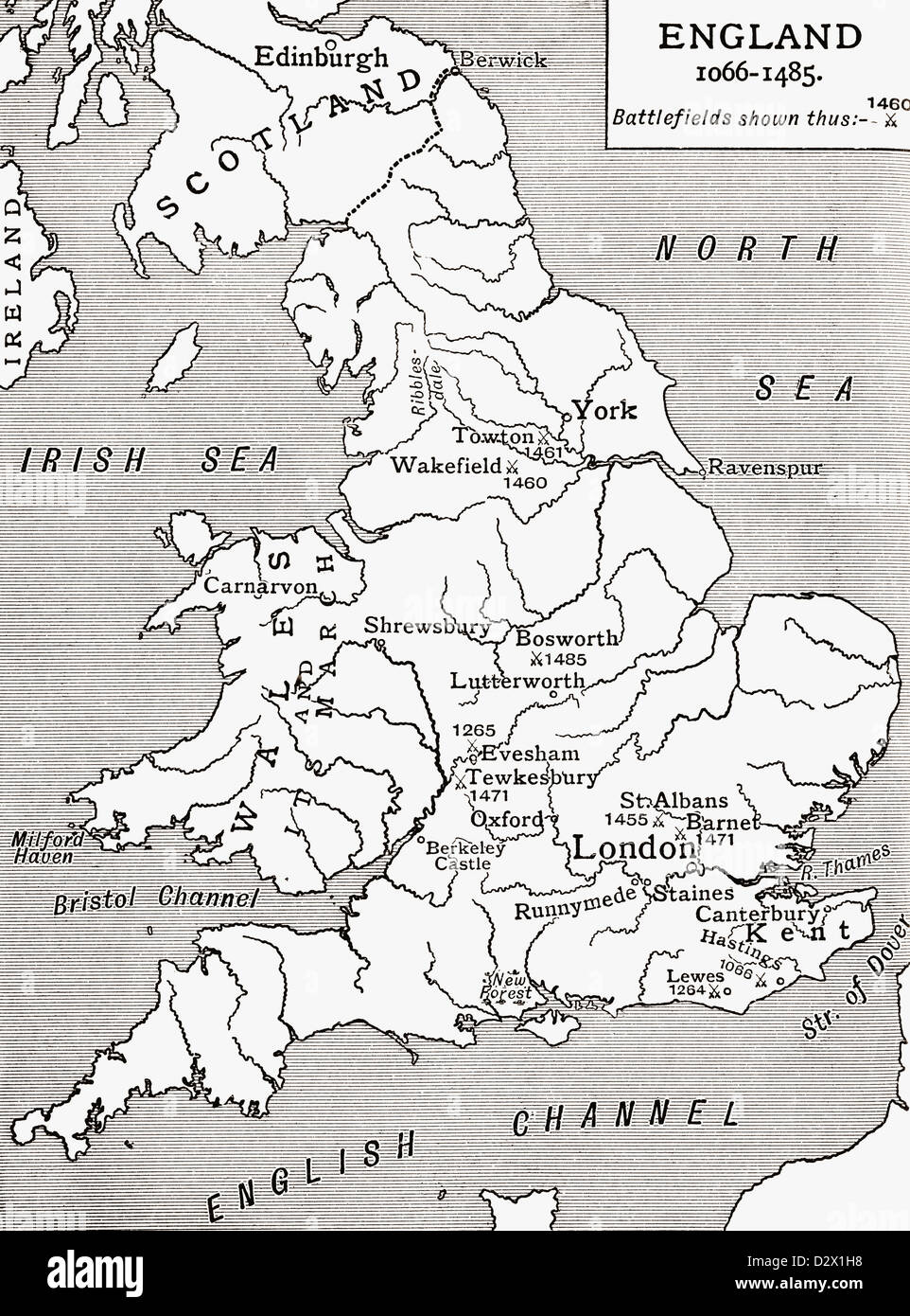 Une carte d'Angleterre 1066 - 1485 bataille, marqués d'épées croisées. À partir d'un premier livre de l'histoire britannique publié en 1925. Banque D'Images