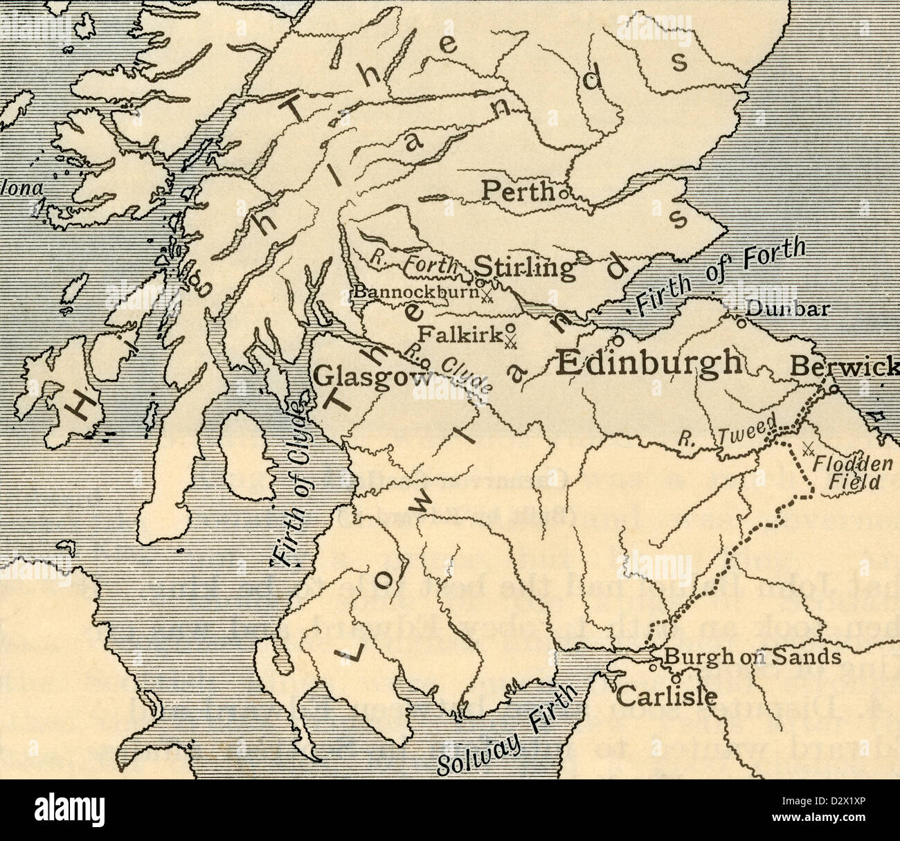 La carte du Sud de l'Écosse à la fin du moyen âge. À partir d'un premier livre de l'histoire britannique publié en 1925. Banque D'Images