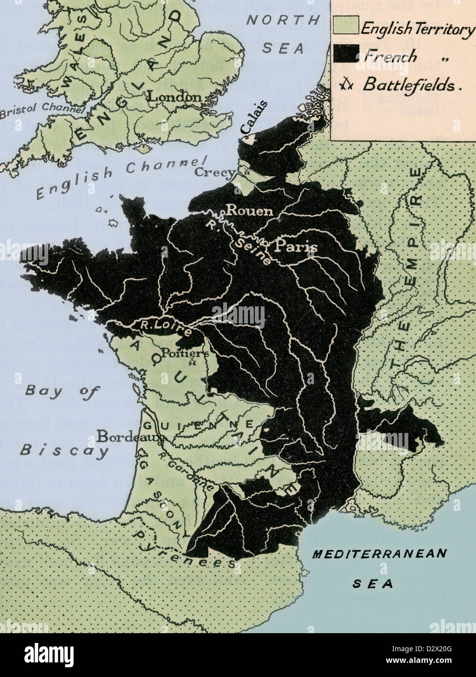 Carte montrant les dominions anglais en France après le Traité de Calais de 1360 Banque D'Images