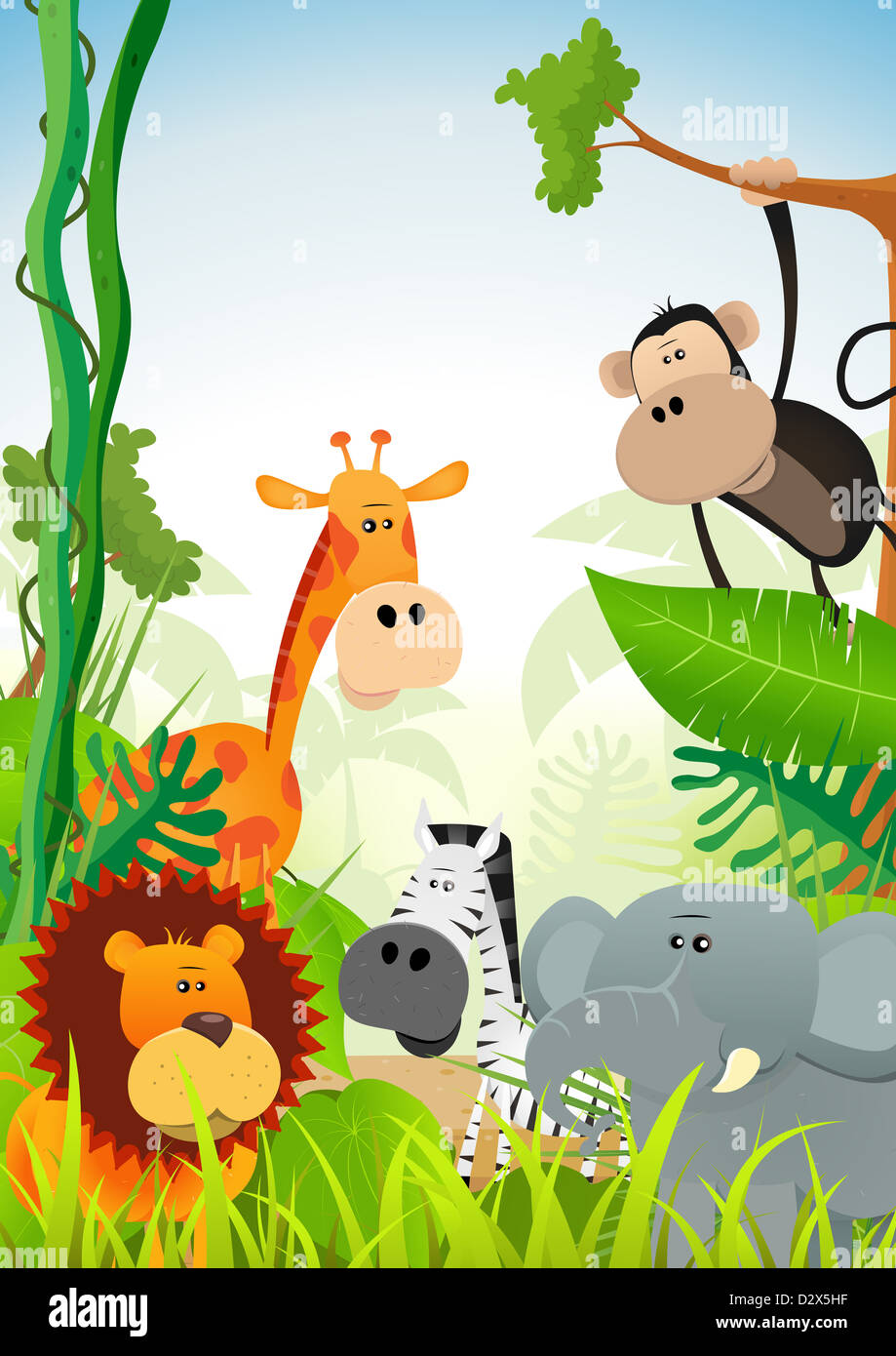 Illustration de cute cartoon animaux sauvages en provenance de savane africaine, y compris le lion, l'éléphant, la girafe, la gazelle, singe et zebra sur Banque D'Images