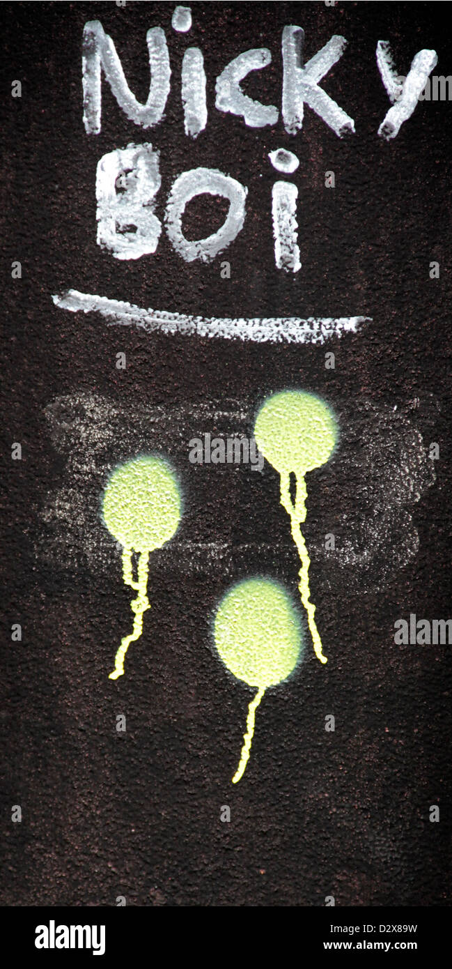 Graffiti sur un poster montrant trois ballons Banque D'Images