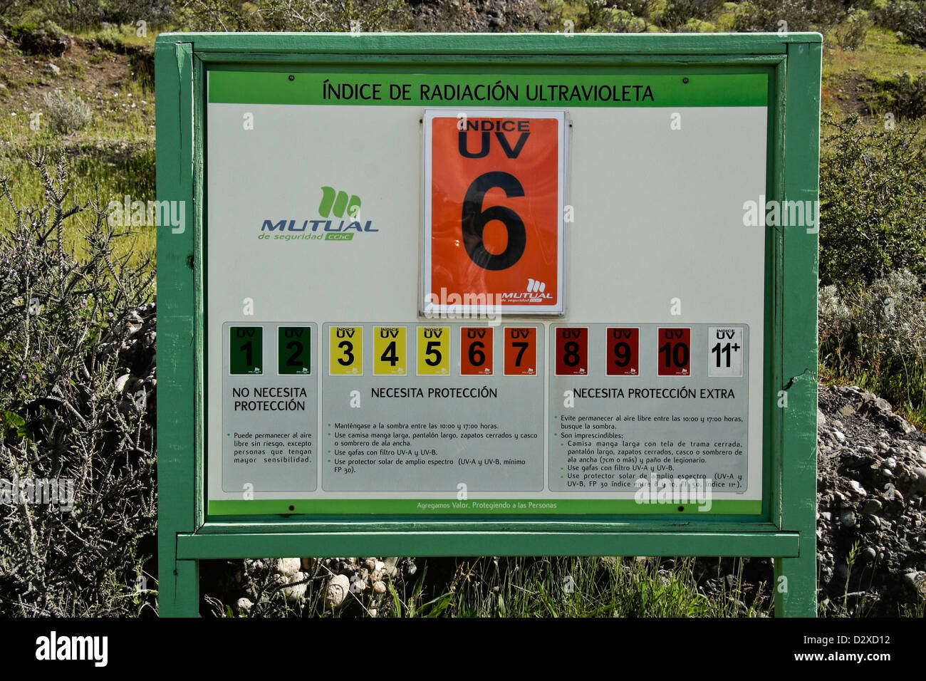 Panneau d'avertissement indiquant l'état du rayonnement UV, Patagonie, Chili Banque D'Images