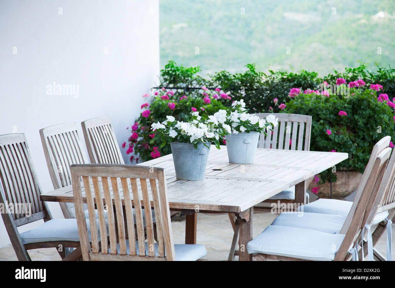 Fleurs en pot sur table patio Banque D'Images