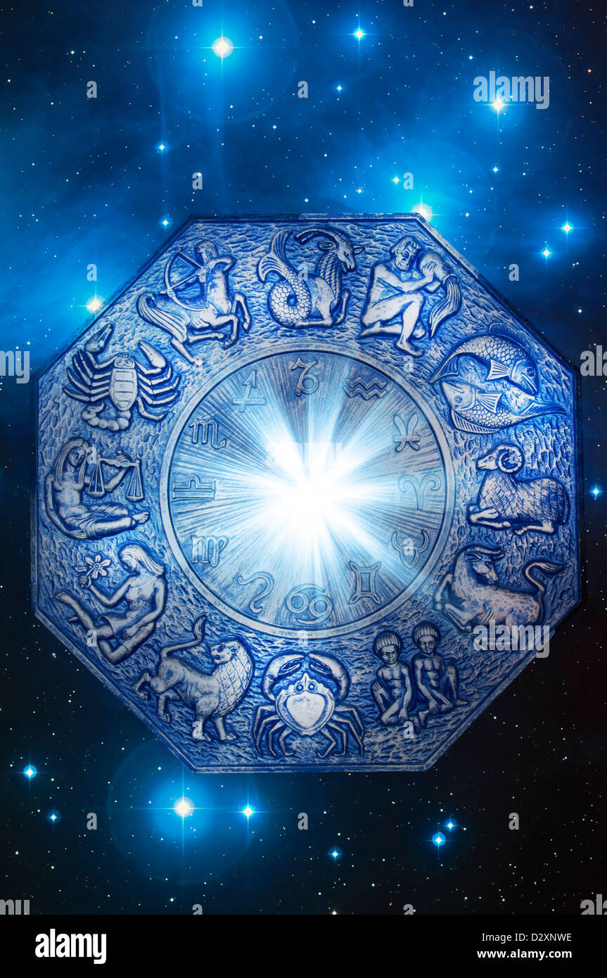 Roue astrologique avec tous les signes du zodiaque Banque D'Images