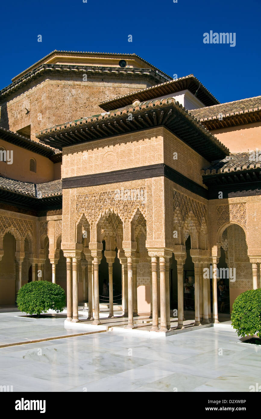 En colonnes et arcades entourant la cour du Palais des Lions dans l'Alhambra de Grenade, Andalousie, Espagne Banque D'Images