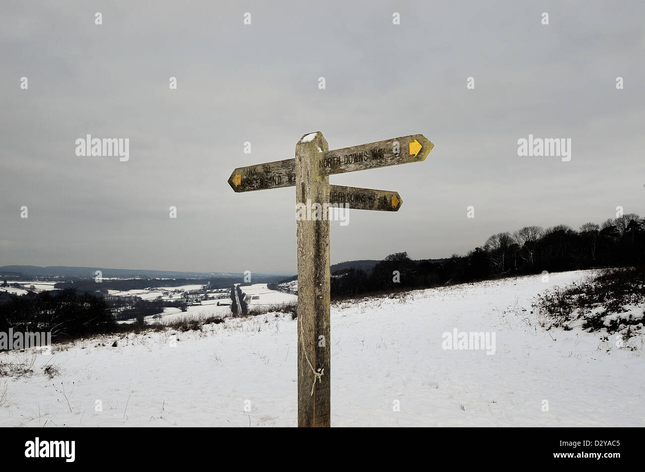 Panneau montrant le North Downs Way on a snowy Ranmore Common Surrey Banque D'Images