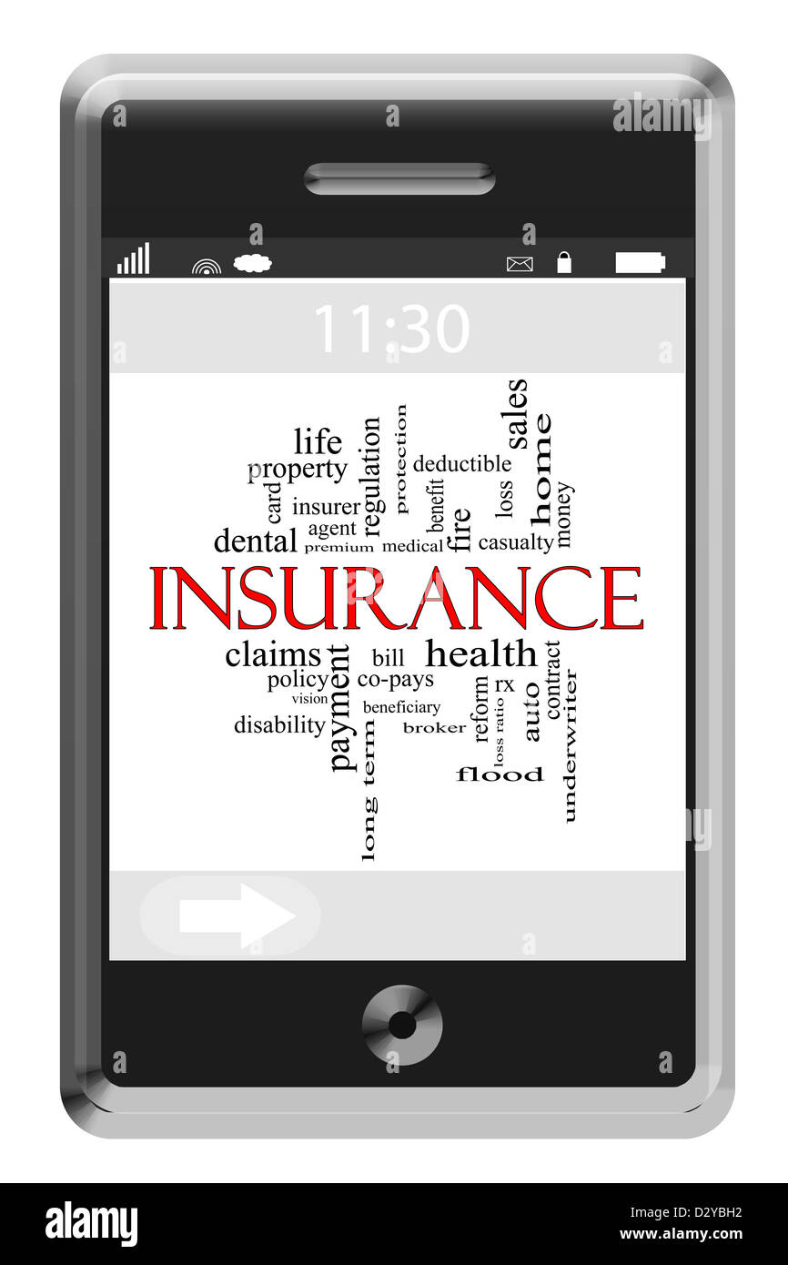 Nuage de mots d'assurance Concept de téléphone à écran tactile avec beaucoup de termes tels que la santé, l'auto, ventes et plus. Banque D'Images