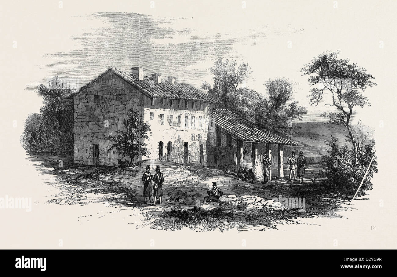 La GUERRE EN ITALIE La poste autrichienne PRÈS DU PONT FERROVIAIRE À VALENZA D'après un croquis de M. BEAUCE Banque D'Images