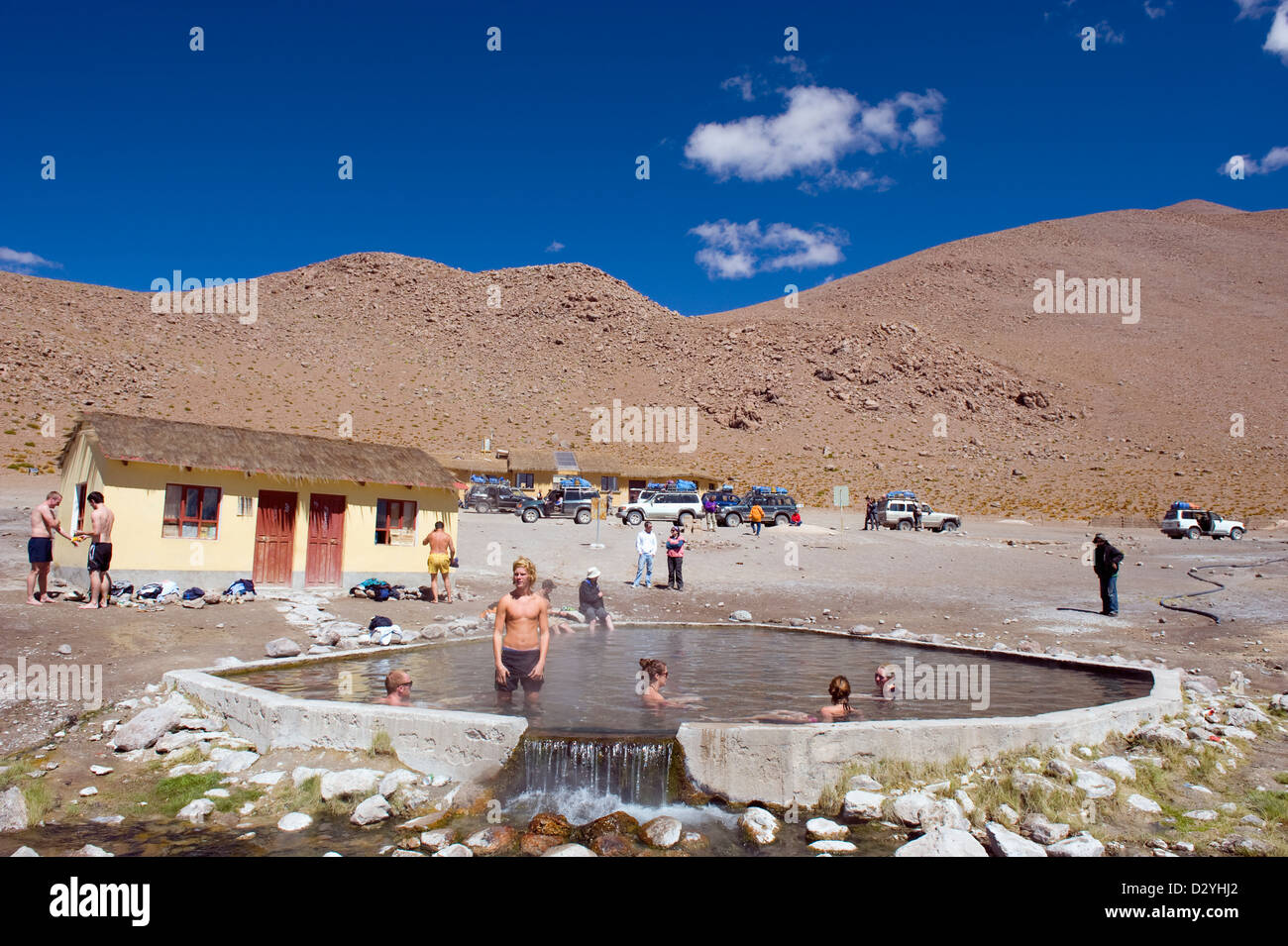 Bains de sources chaudes naturelles, Eduardo Avaroa Communauté Andine Réserve nationale, Bolivie, Amérique du Sud Banque D'Images