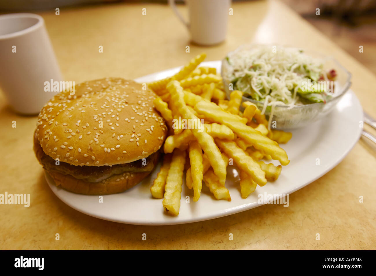 Coupe ondulée hamburger frites et salade dans un restaurant bon marché en Amérique du Nord Banque D'Images