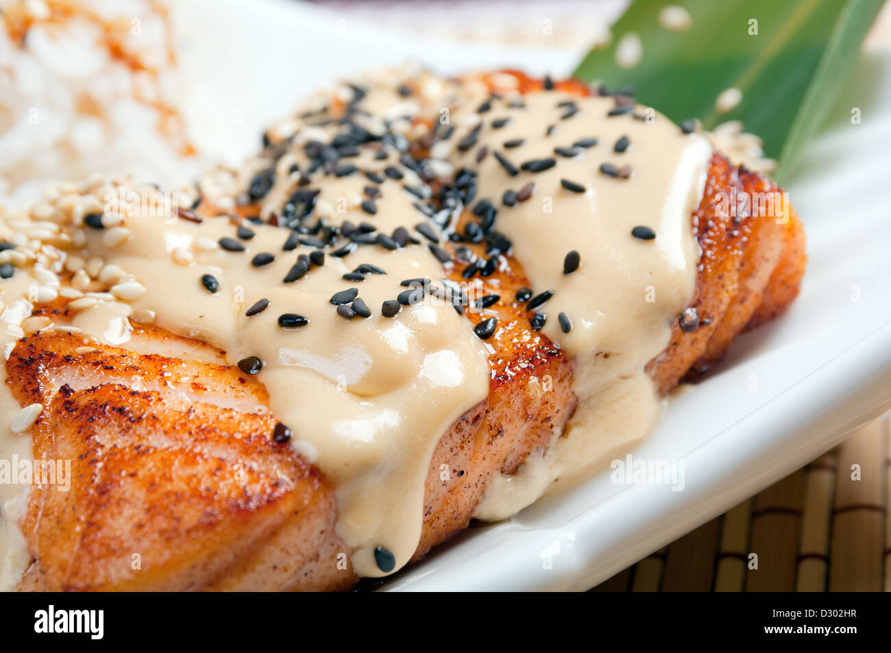 Le saumon avec riz et sauce crème,la cuisine japonaise Banque D'Images