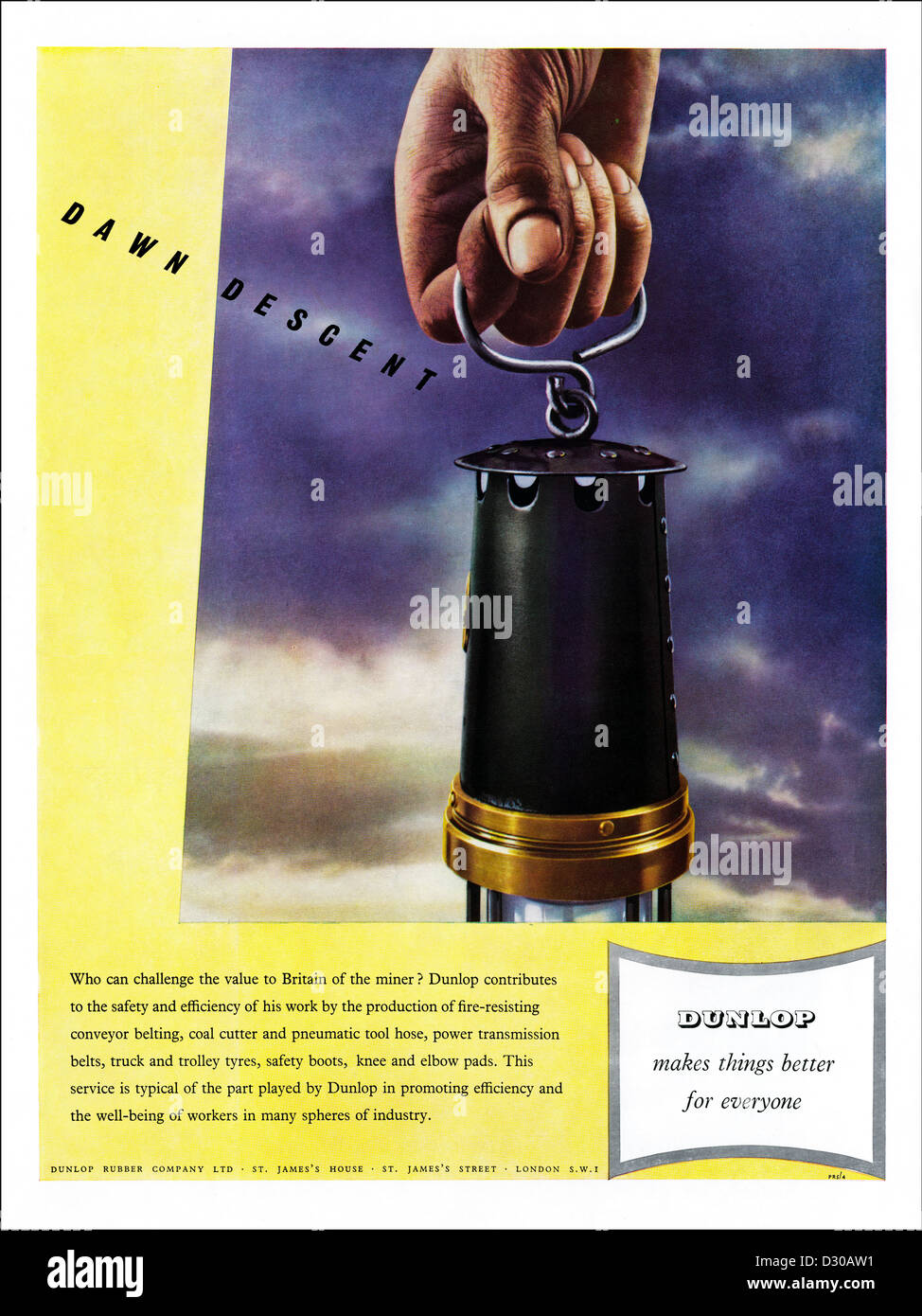 Vintage des années 1950 Publicité imprimée à partir de la revue anglaise DUNLOP publicité produits en caoutchouc pour l'industrie minière du charbon Banque D'Images