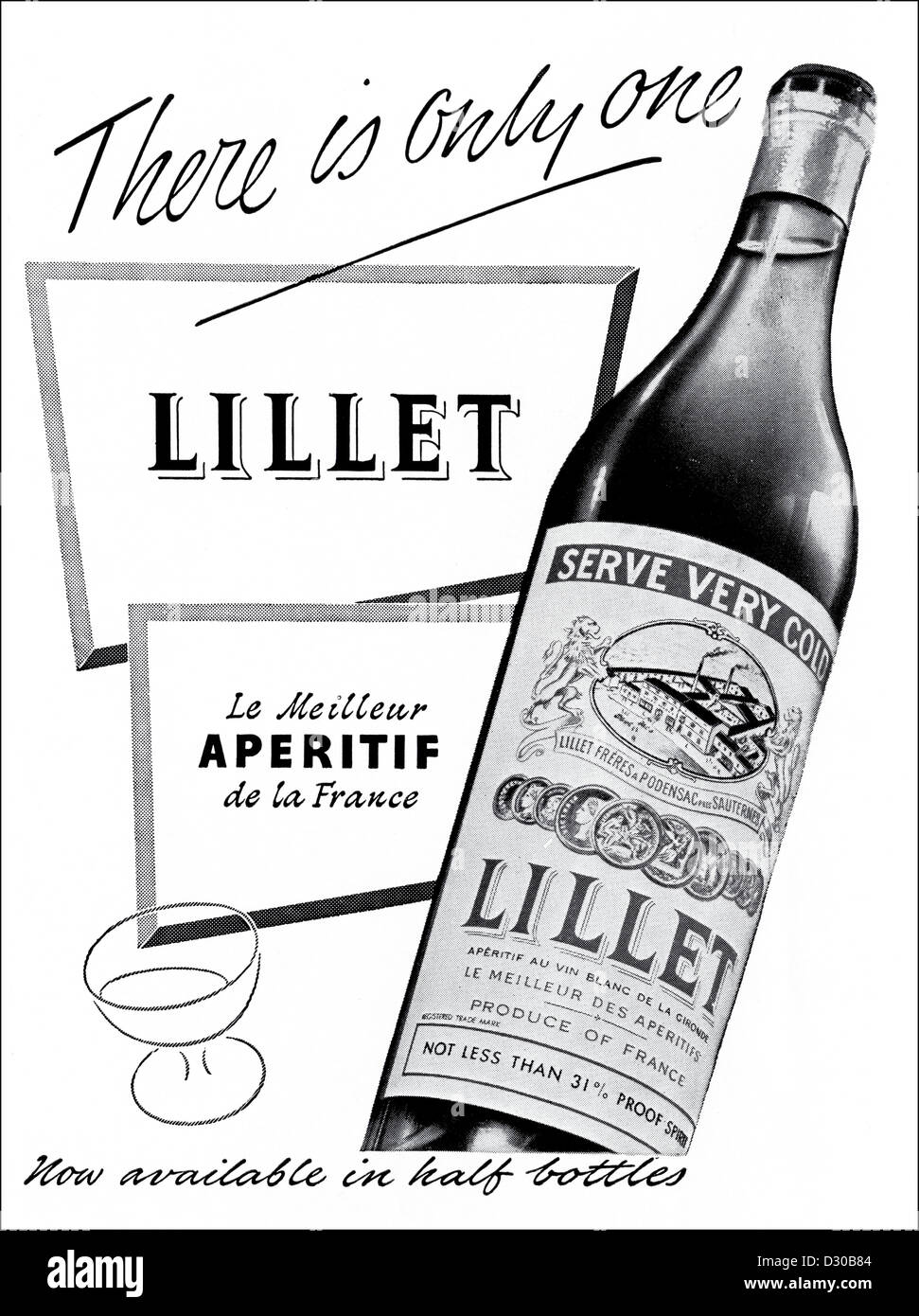 Vintage des années 1950 Publicité imprimée à partir de la revue anglaise LILLET apéritif français publicité Banque D'Images