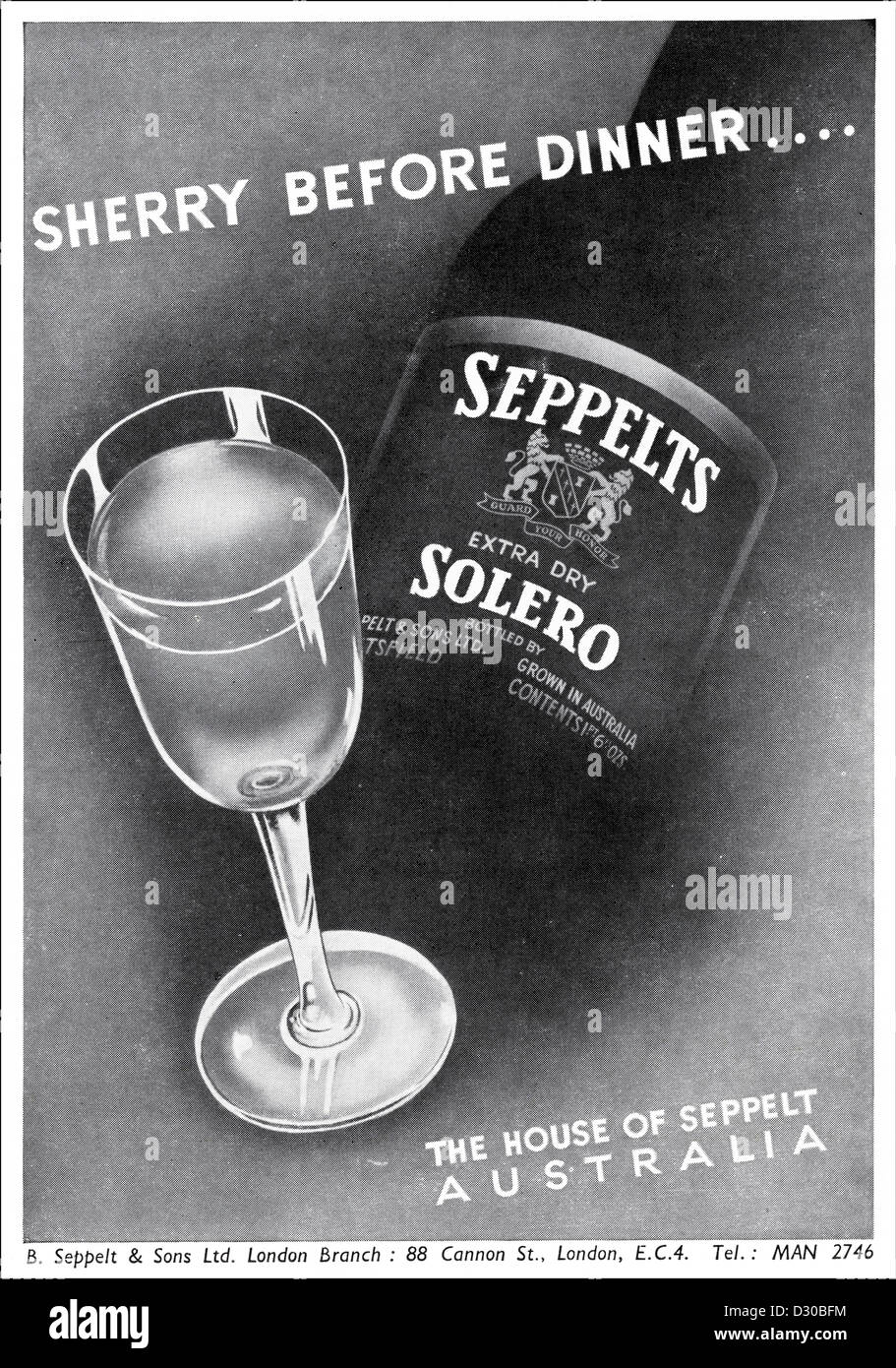 Vintage des années 1950 Publicité imprimée à partir de la revue anglaise publicité SEPPELTS sherry australien Banque D'Images