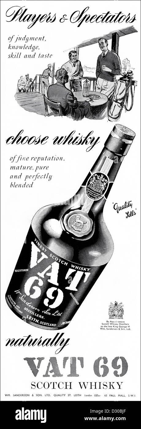 Vintage des années 1950 Publicité imprimée à partir de la revue anglaise TVA publicité 69 Scotch Whisky Banque D'Images