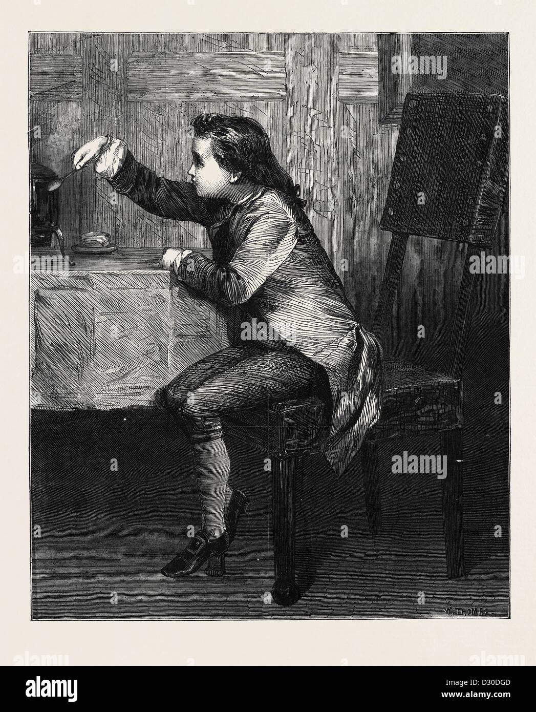 JAMES WATT'S PREMIÈRE IDÉE DE VAPEUR PAR MARCUS STONE EN HIVER EXPOSITION À LA GALERIE française 1867 Banque D'Images