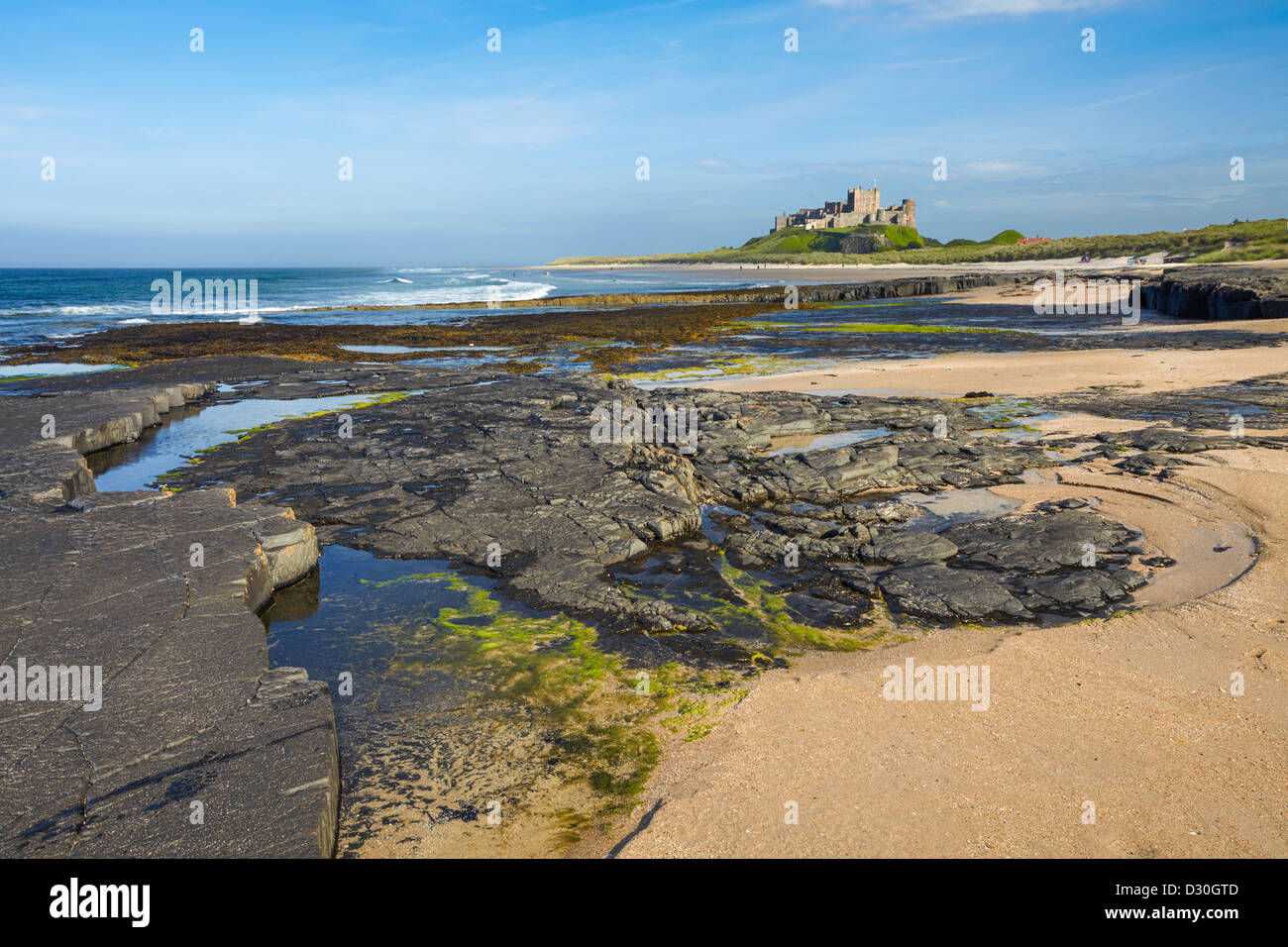 Plage de Bamburgh Northumberland avec Château de Bamburgh dans la distance Banque D'Images