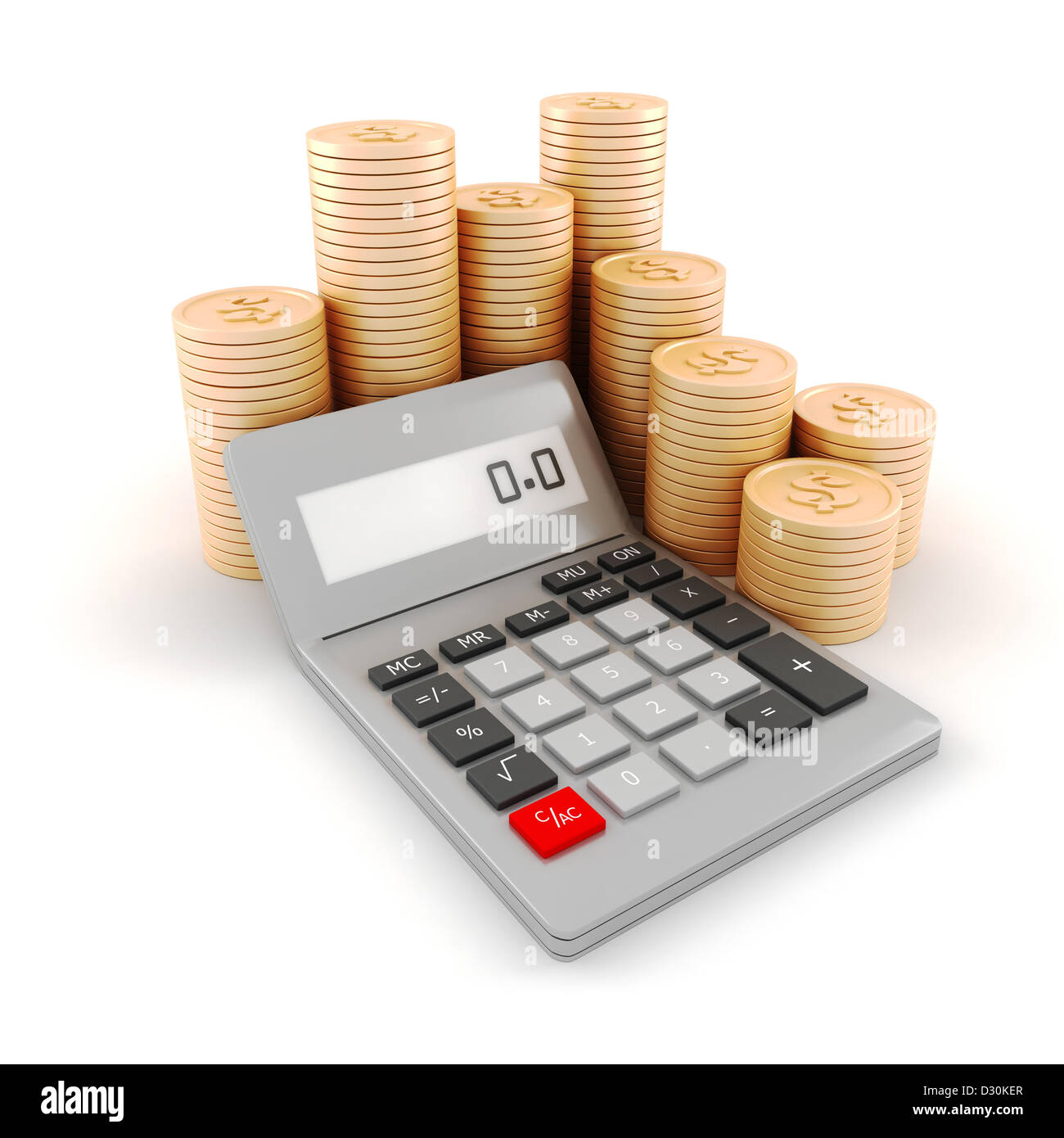 Calculatrice de poche 3d et pièces, sur fond blanc Banque D'Images