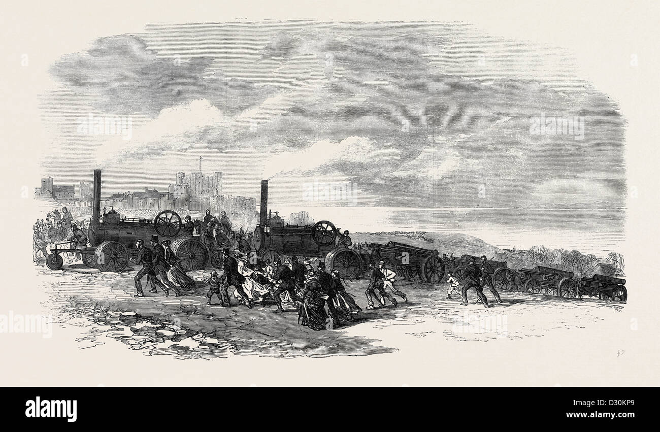 L'ÉVALUATION DU BÉNÉVOLAT À DOUVRES : MOTEURS DE TRACTION MISE EN POSITION D'ARTILLERIE VOLONTAIRE UK 1869 Banque D'Images