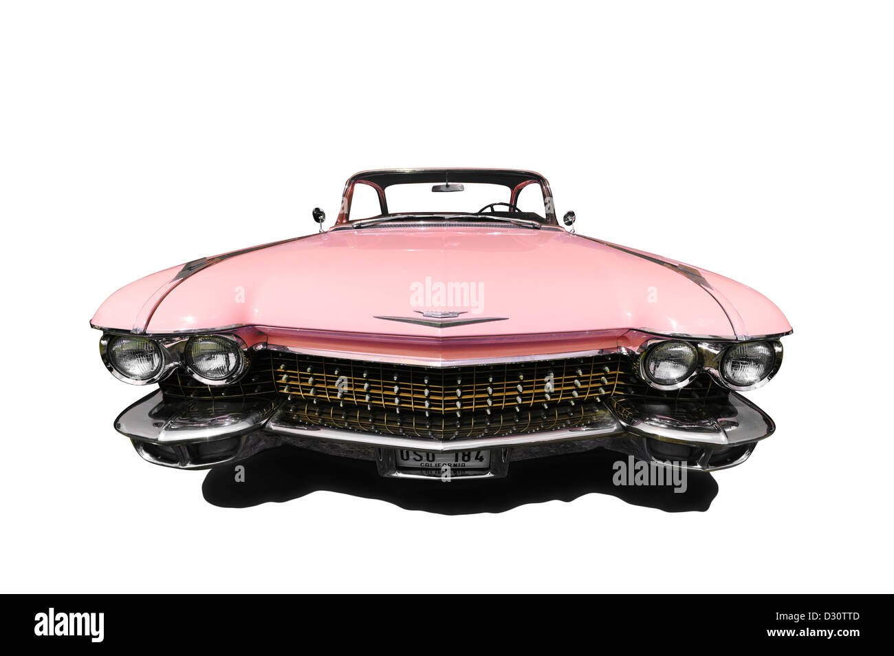 1960 Cadillac rose Dentelle sur fond blanc du point de vue de l'avant Banque D'Images