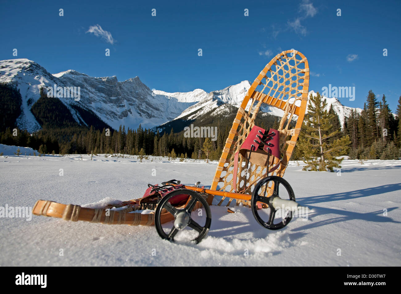 Pignon d'vintage dans la neige avec des montagnes en arrière-plan Banque D'Images