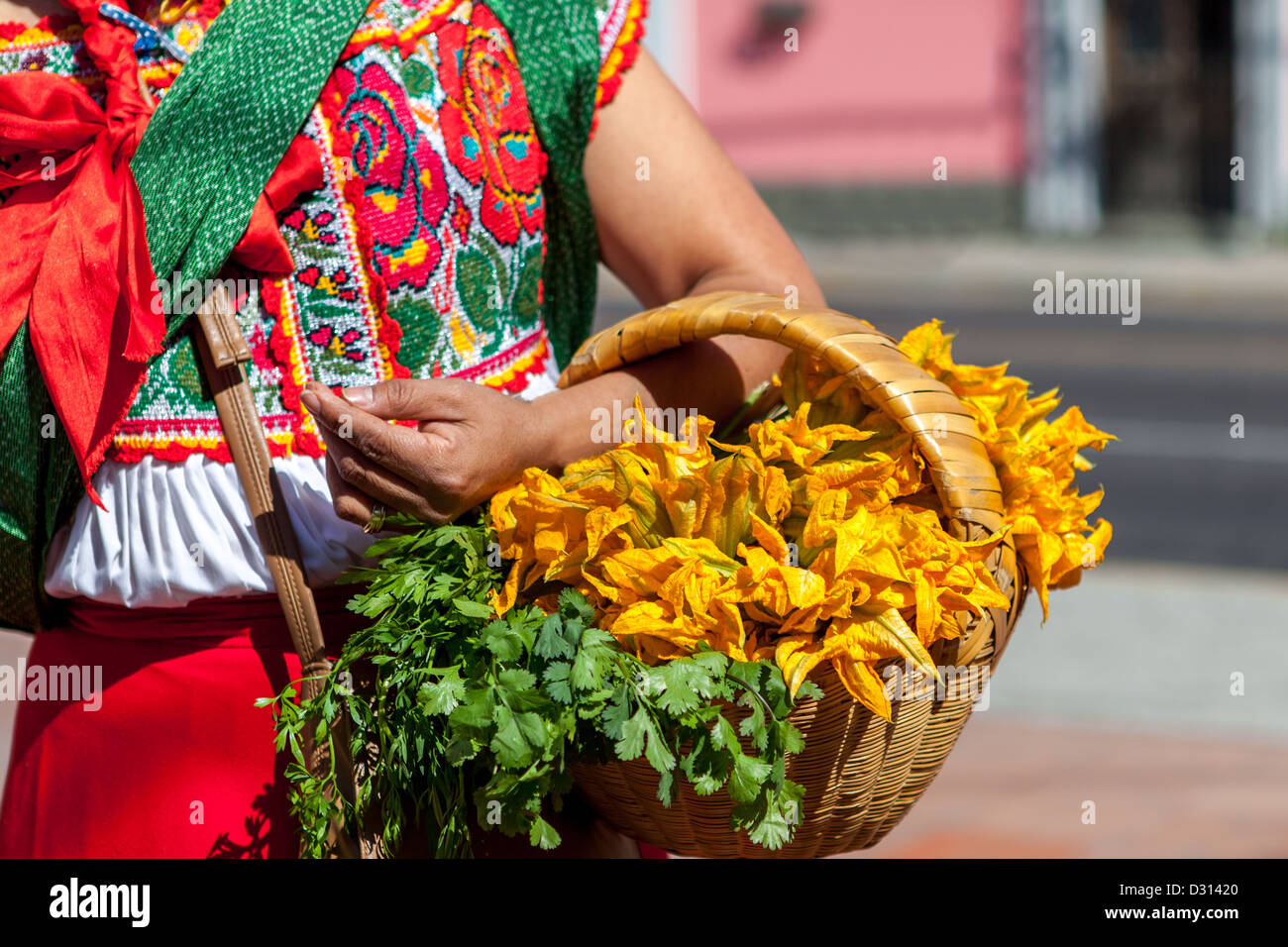 Femme latine en robe traditionnelle mexicaine avec un panier de légumes verts Banque D'Images