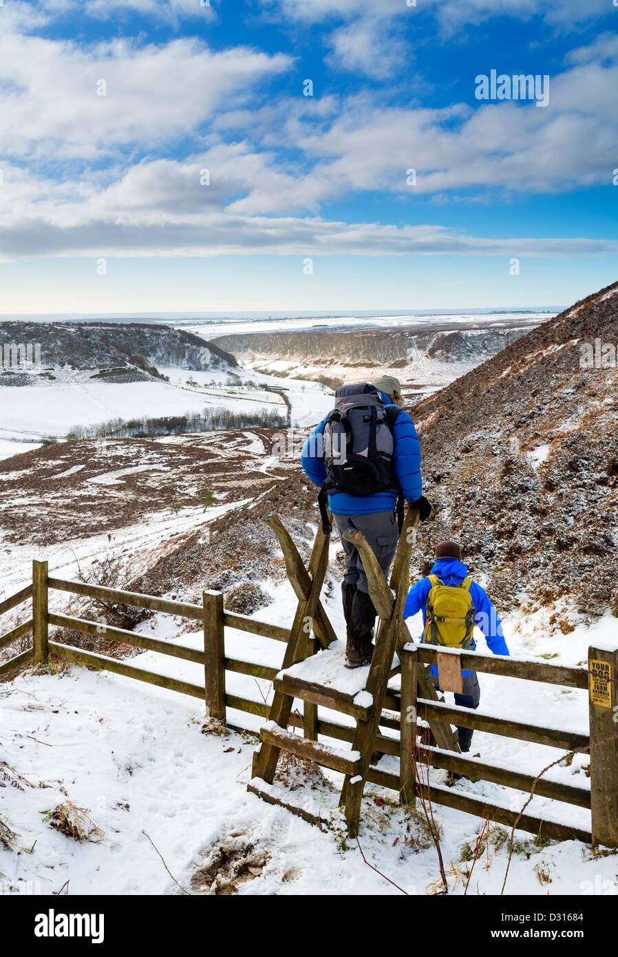 Une paire de randonneurs bravant le froid pour prendre le chemin descendant Horcum sur le North Yorkshire Moors Banque D'Images