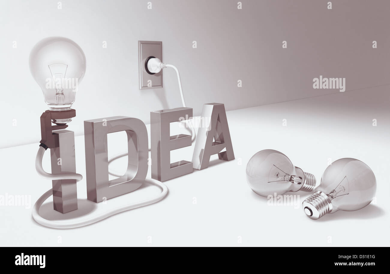 Lampe dans le mot idée. Concept de nouvelles idées. Banque D'Images