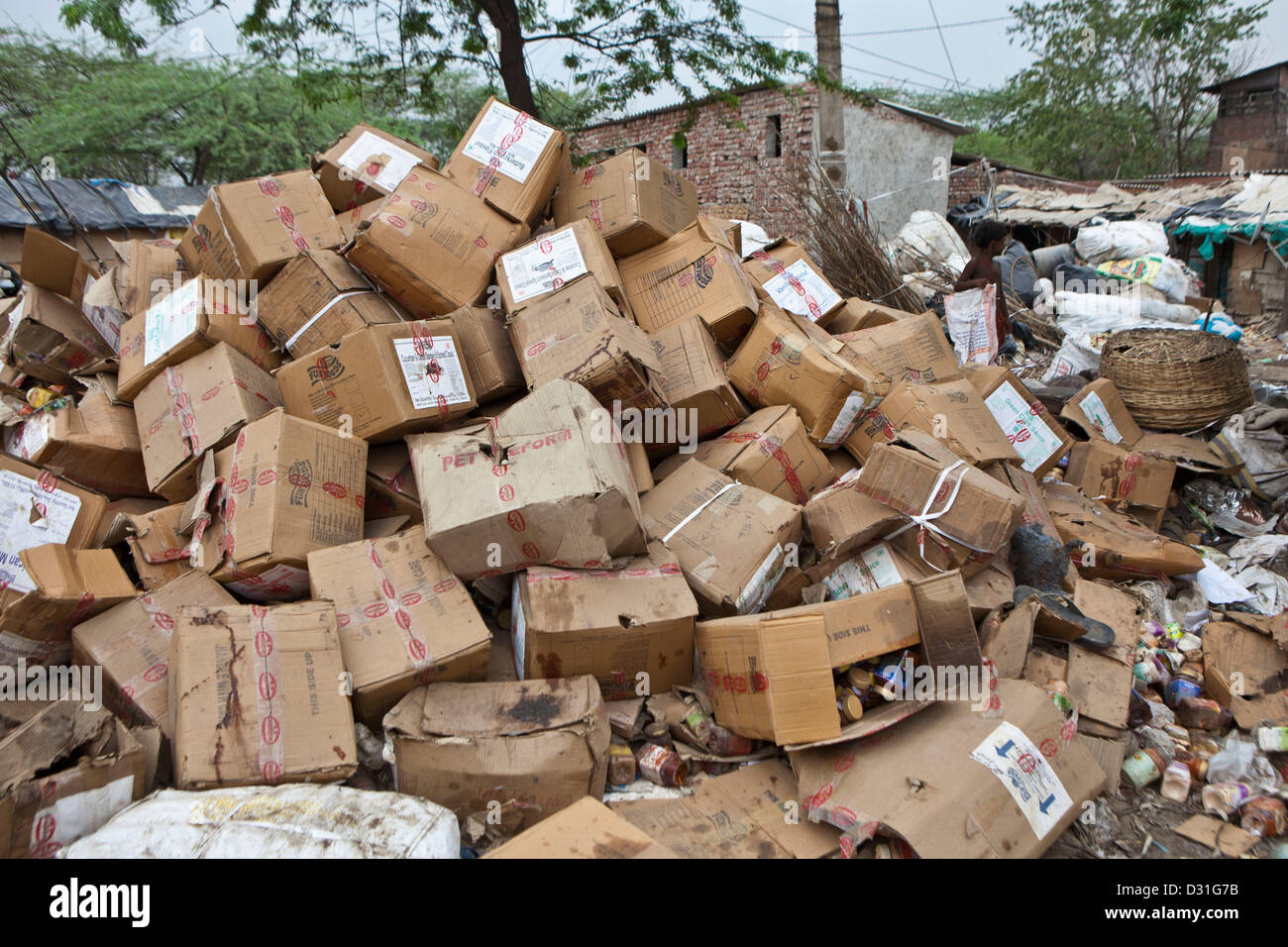 La pauvreté vivant dans Tehkhand Slum, Delhi, Inde. Les boîtes de carton hors de la nourriture recueillie à partir de la date de la rues et des décharges publiques. Banque D'Images