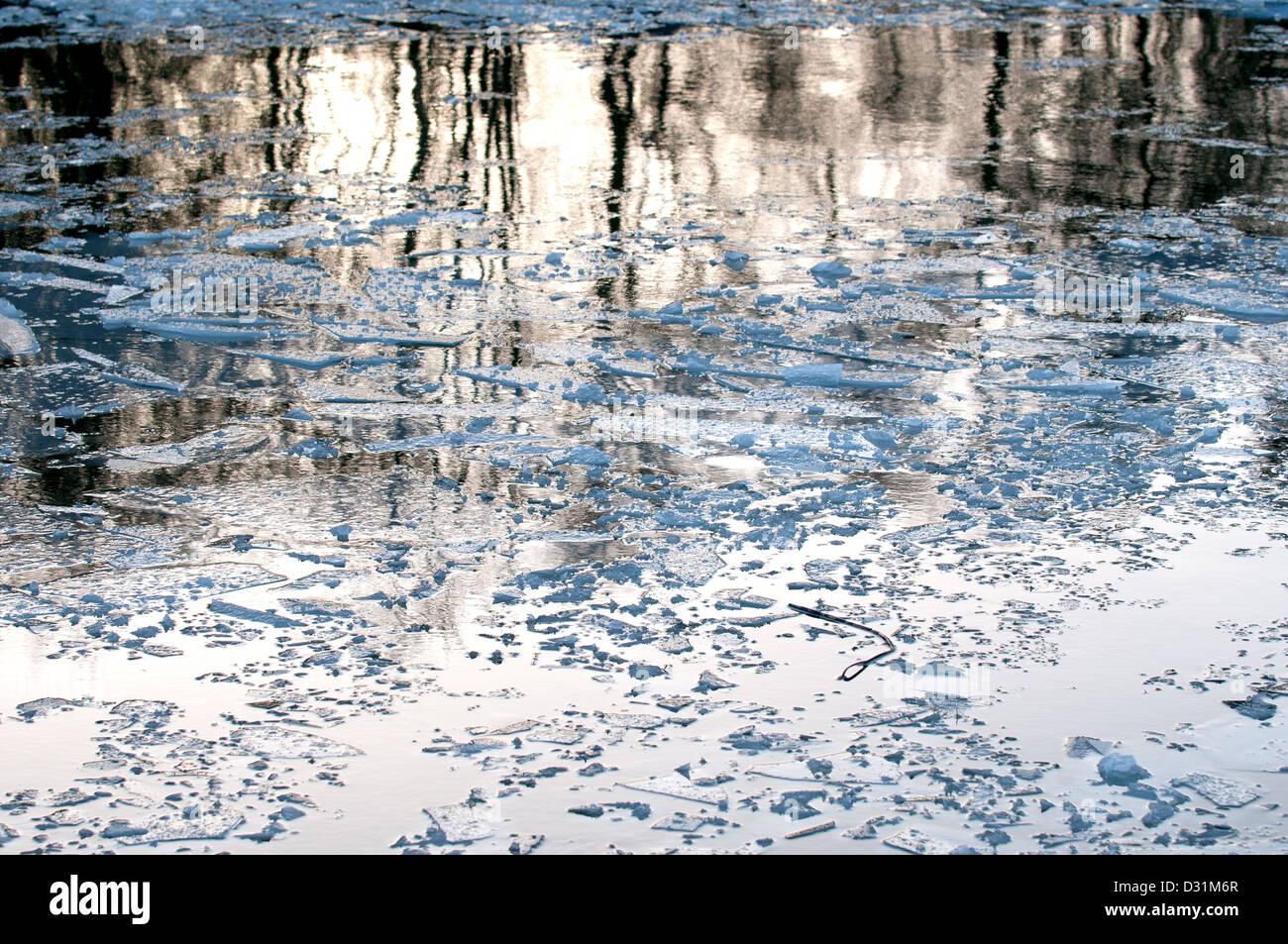 La glace flottant sur un lac avec reelections d'arbres dans le miroir d'eau calme Banque D'Images