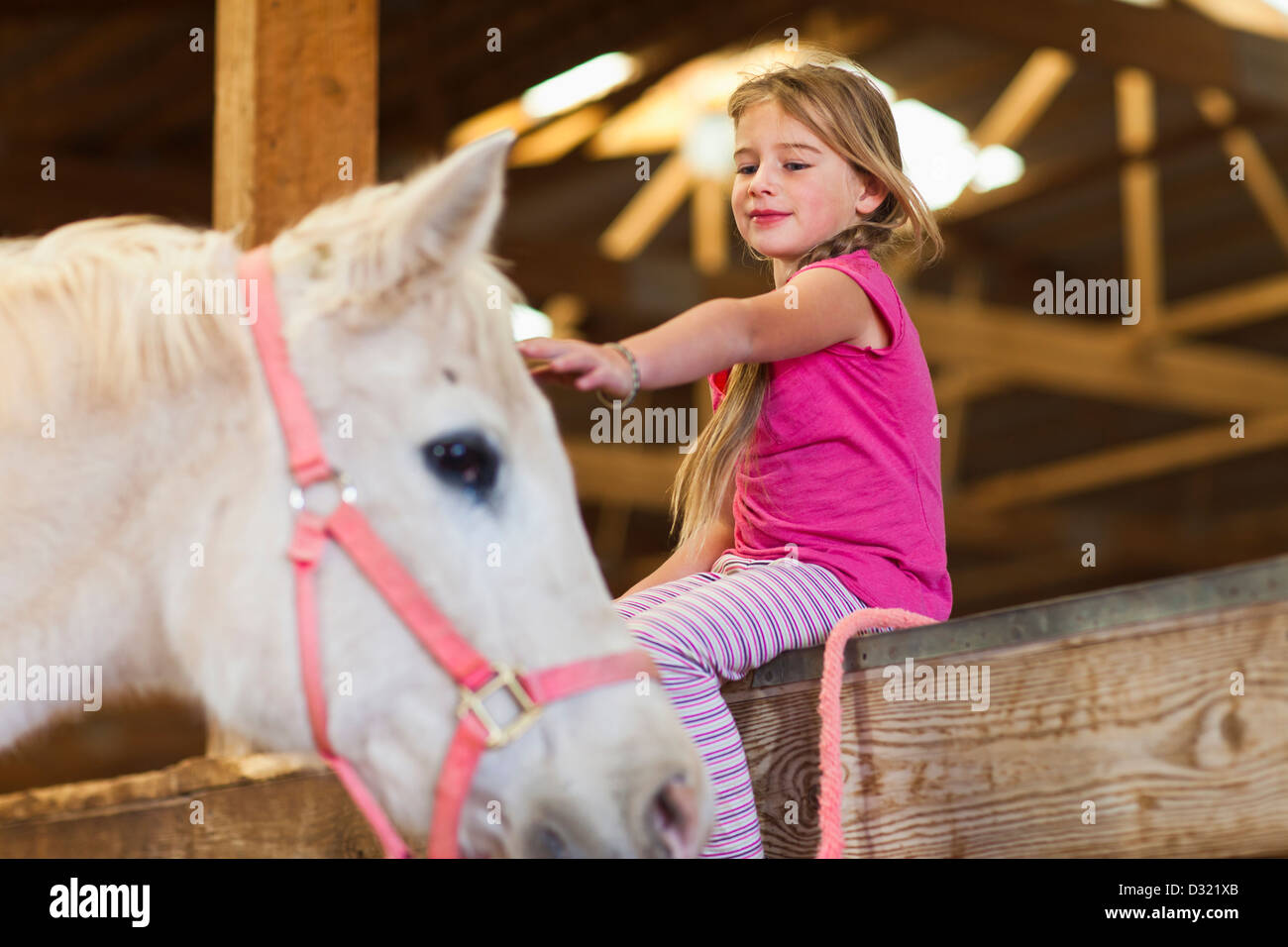 Caucasian girl petting horse in barn Banque D'Images