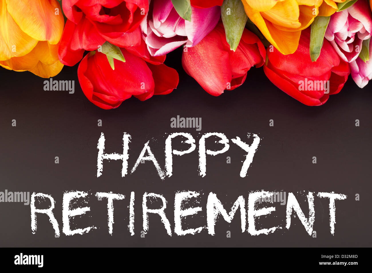 Bouquet de tulipes avec tableau noir : bonne retraite Banque D'Images