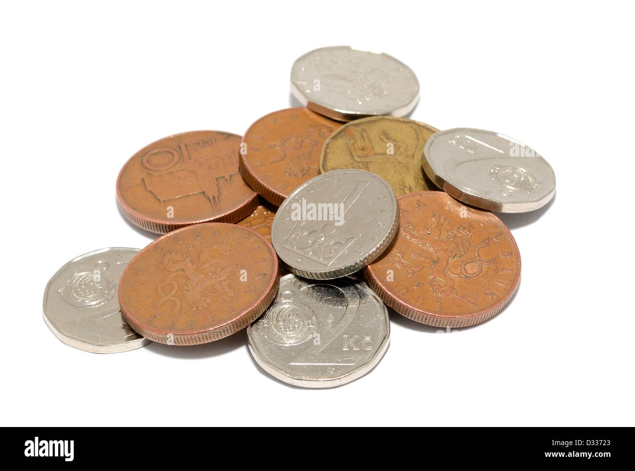 Plan Macro sur pièces tchèque isolé sur un fond blanc. Banque D'Images