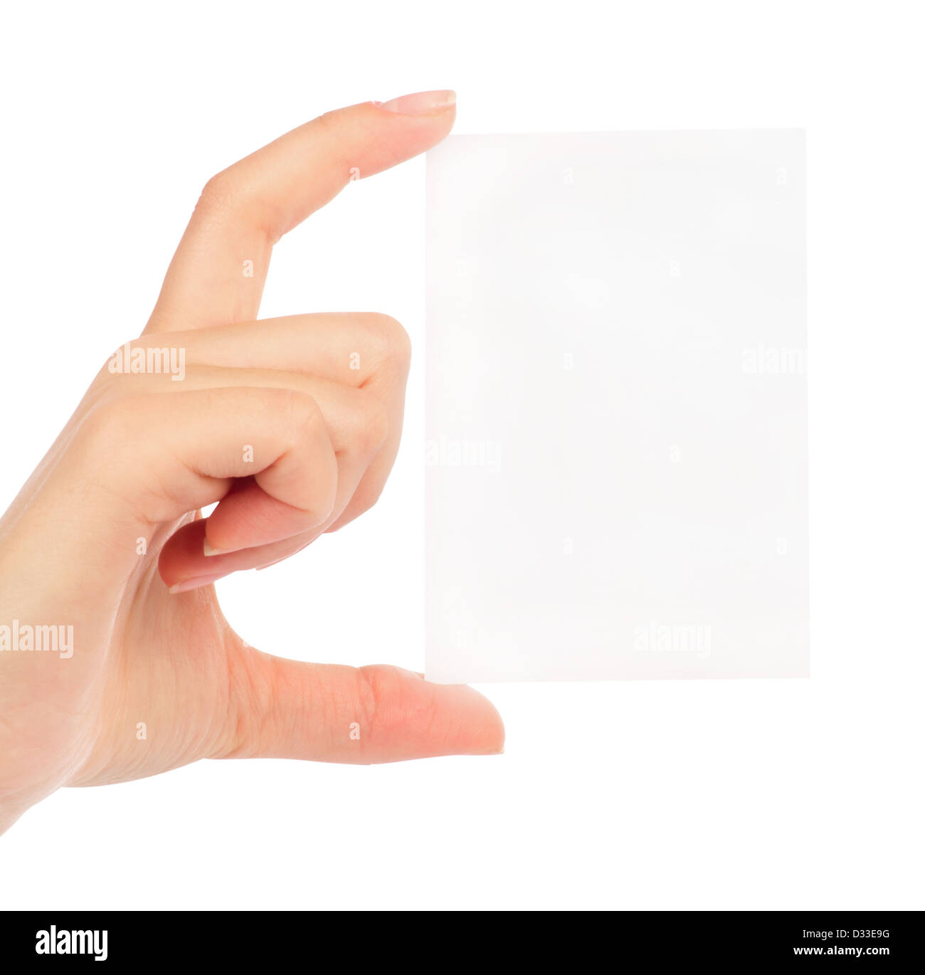 Woman's hand holding blank carte papier, libre isolé sur fond blanc Banque D'Images