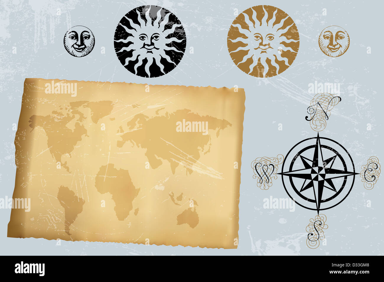 Carte Du Monde Antique Vintage Et Rose Des Vents Et Des Symboles De La Lune Et Le Soleil Illustration Photo Stock Alamy