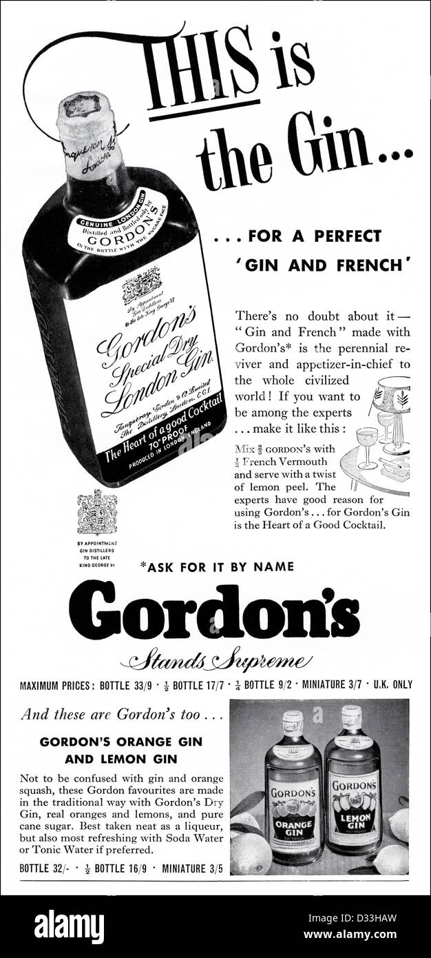 Vintage des années 1950 Publicité imprimée à partir de l'anglais GORDON'S publicité magazine Banque D'Images