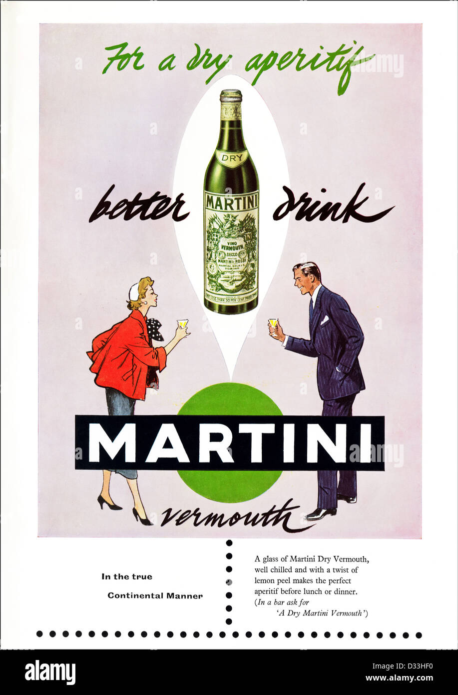 Vintage des années 1950 Publicité imprimée à partir de la revue anglaise publicité MARTINI VERMOUTH SEC Banque D'Images