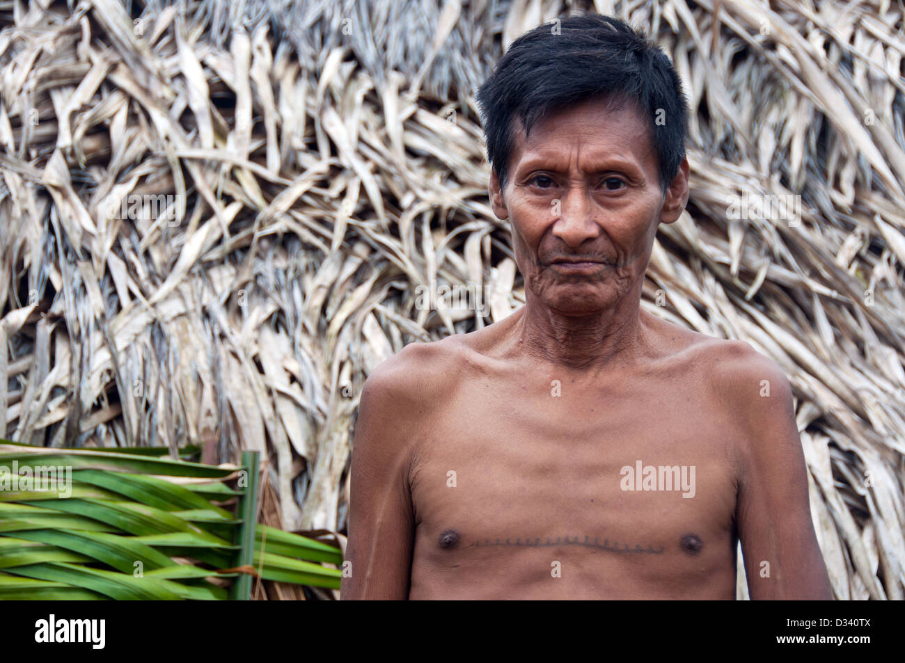 Un Matses Mayorunas homme âgé avec des tatouages traditionnels en face d'une maloca (maison traditionnelle), l'Amazonie péruvienne Banque D'Images