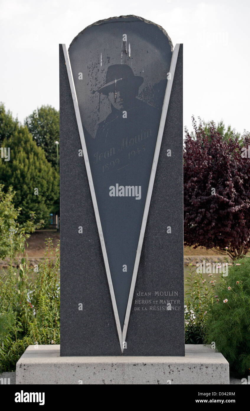 Mémorial Jean Moulin (un héros de la Résistance française pendant la Seconde Guerre mondiale) dans la région de Château-Thierry, France. Banque D'Images